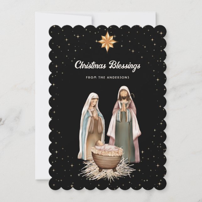 Tarjeta Festiva Elegant Black Nativity Scene Stars Christian (Anverso)