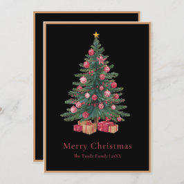 Tarjeta Festiva Elegant Black Pink Watercolor Christmas Tree