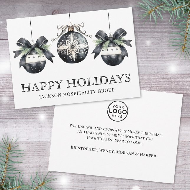 Tarjeta Festiva Elegant Black White Business Logo Christmas (Elegant Black White Business Logo Christmas Holiday Card)