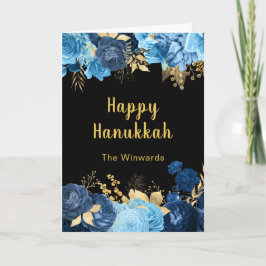 Tarjeta Festiva Elegant Blue and Gold Flowers Hanukkah Party