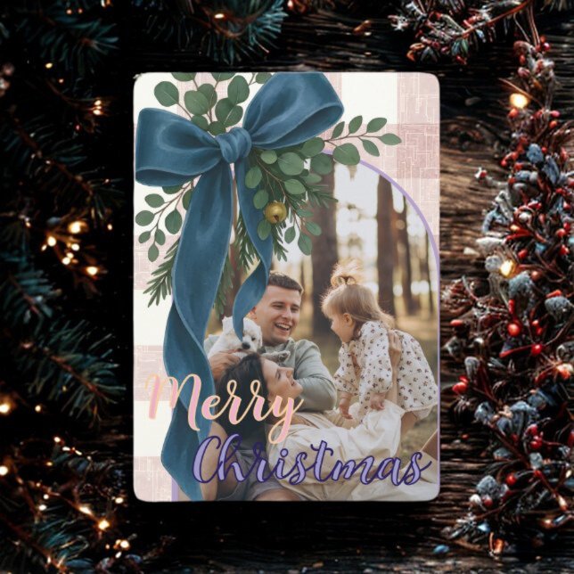 Tarjeta Festiva Elegant Blue Bow Christmas Two Photo Holiday Card (Subido por el creador)