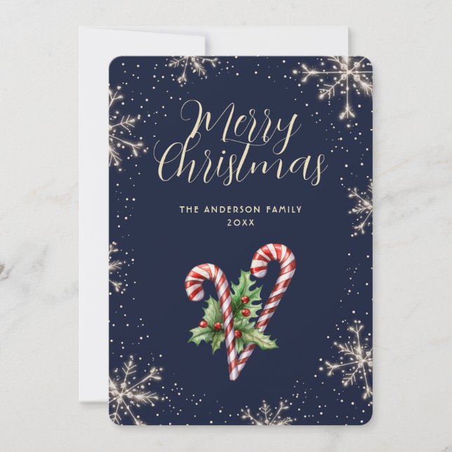 Tarjeta Festiva Elegant Blue Candy Canes Snowflakes Christmas Card (Anverso)