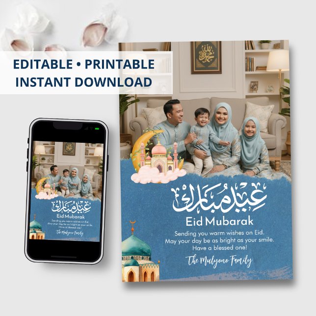 Tarjeta Festiva Elegant Blue Eid Mubarak Family Photo Holiday Card (Subido por el creador)