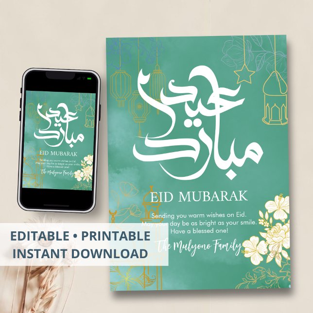 Tarjeta Festiva Elegant Blue & Gold Floral Eid Mubarak Card (Subido por el creador)