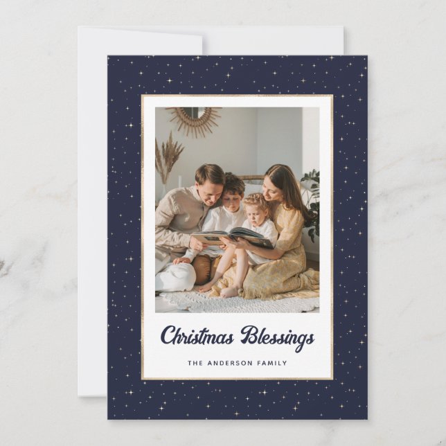 Tarjeta Festiva Elegant Blue Gold Starry Photo (Anverso)