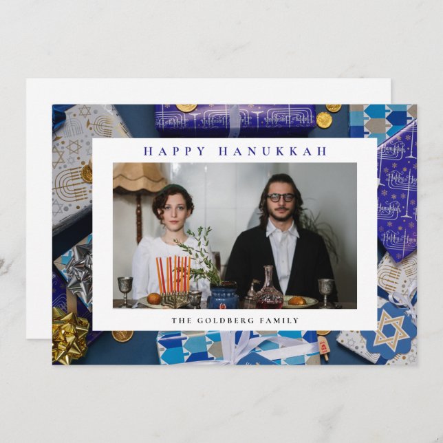Tarjeta Festiva Elegant Blue Happy Hanukkah Family 1 Photo (Anverso / Reverso)