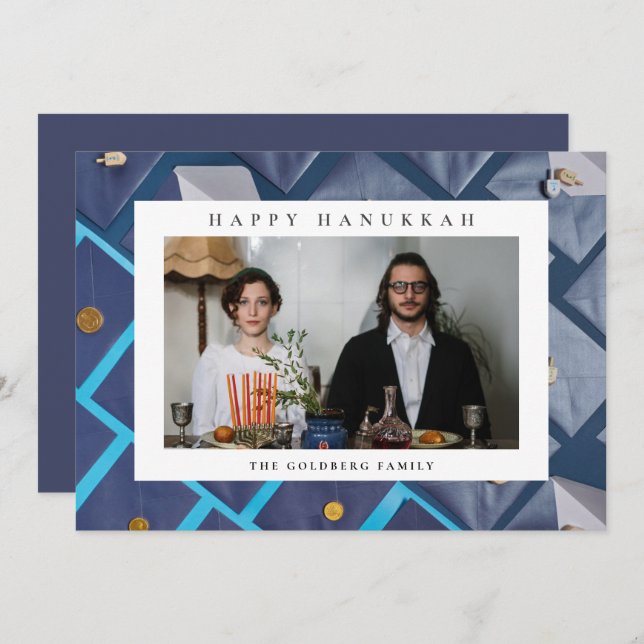 Tarjeta Festiva Elegant Blue Happy Hanukkah Family 1 Photo (Anverso / Reverso)