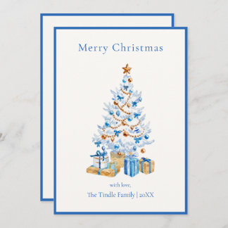 Tarjeta Festiva Elegant Blue Script Watercolor Christmas Tree