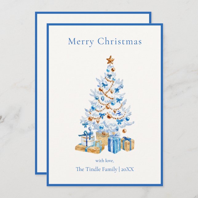 Tarjeta Festiva Elegant Blue Script Watercolor Christmas Tree (Anverso / Reverso)