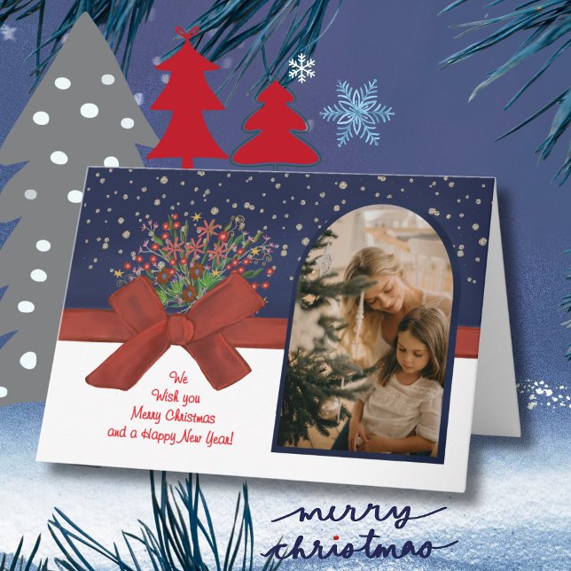 Tarjeta Festiva Elegant Blue & White Photo Arch  Christmas Bow (Elegant Blue & White Photo Arch Christmas Bow Holiday Card)