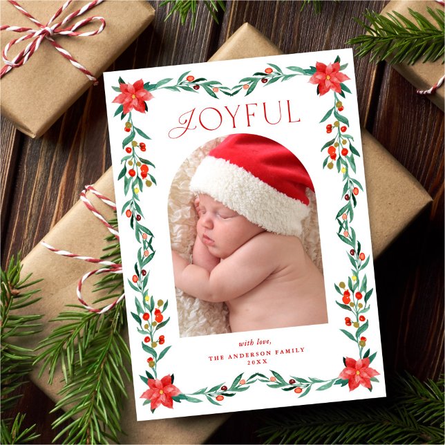 Tarjeta Festiva Elegant Botanical Greenery Poinsettia Frame Photo (Subido por el creador)