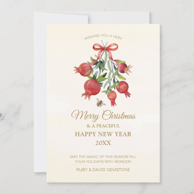 Tarjeta Festiva Elegant Botanical Watercolor Pomegranates Red Bow (Anverso)