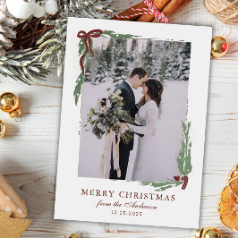 Tarjeta Festiva Elegant Bow with Greenery Photo Christmas