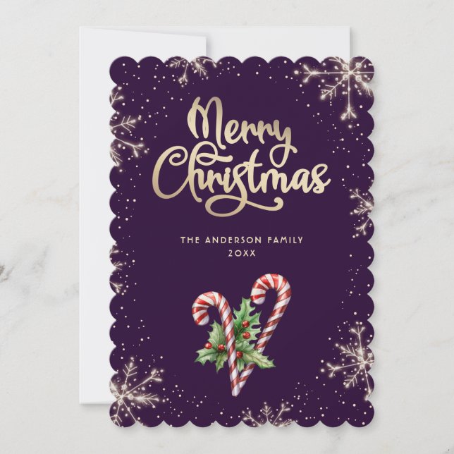 Tarjeta Festiva Elegant Candy Cane Holly Berries Purple Christmas (Anverso)