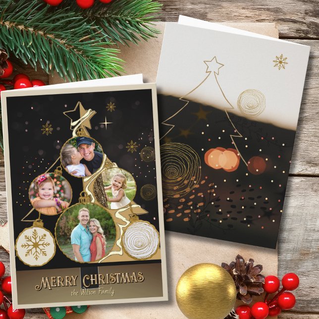 Tarjeta Festiva Elegant Charcoal & Gold Star 4-Photo Christmas (Elegant Charcoal & Gold Star 4-Photo Christmas Holiday Card)