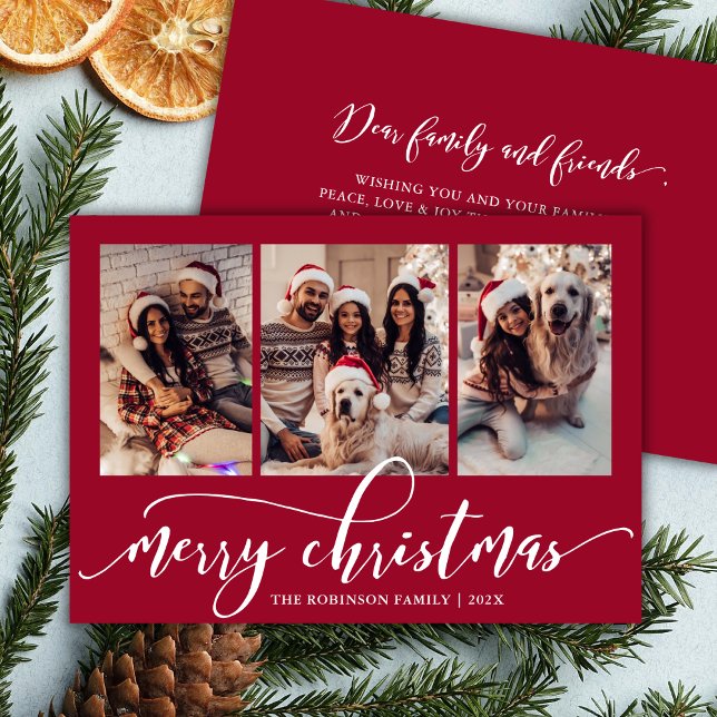 Tarjeta Festiva Elegant Chic Script 3 Photo Collage Red Christmas  (Subido por el creador)