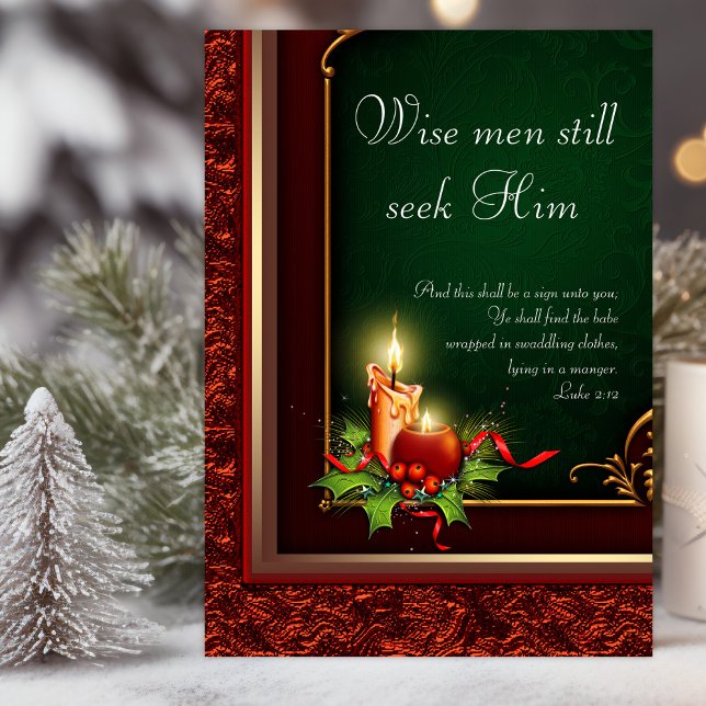Tarjeta Festiva Elegant Christian Christmas Cards (Christian Christmas card with bible verses. Elegant red, gold and green candle and holly.)
