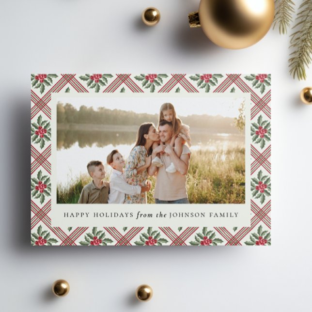 Tarjeta Festiva Elegant Christmas Botanical Plaid (Subido por el creador)