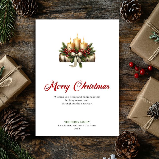 Tarjeta Festiva Elegant Christmas candles pine holly design card (Elegant Christmas candles pine holly design card)