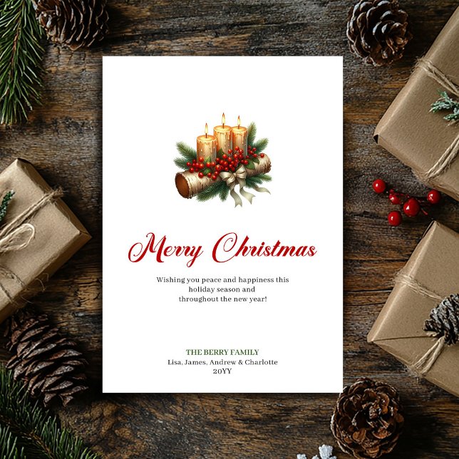 Tarjeta Festiva Elegant Christmas candles rustic wooden log card (Elegant Christmas candles rustic wooden log card)