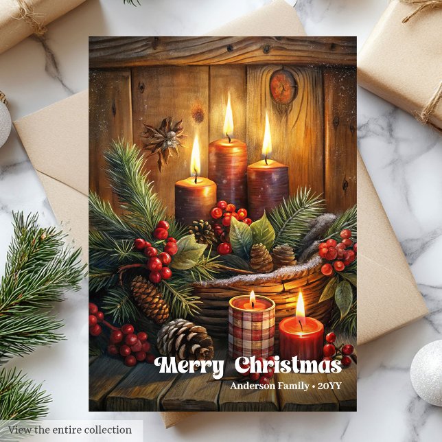 Tarjeta Festiva Elegant Christmas candles rustic wreath holiday (Elegant Christmas bells rustic wreath holiday card)