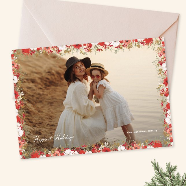 Tarjeta Festiva elegant christmas photo floral frame happiest (Subido por el creador)