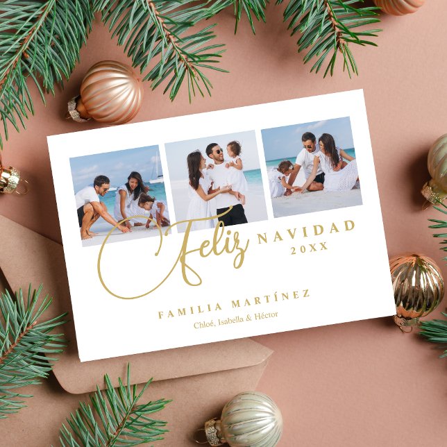 Tarjeta Festiva Elegant Christmas Spanish Cute 3 Multi Photo (Elegant Christmas Spanish Cute 3 Multi Photo Collage in White Holiday Card with Envelope. )