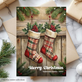 Tarjeta Festiva Elegant Christmas stocking rustic holly berries