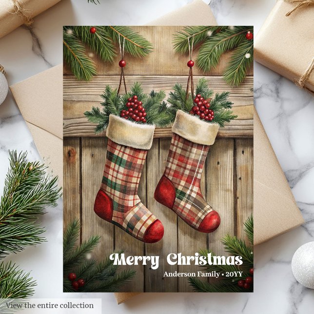 Tarjeta Festiva Elegant Christmas stocking rustic holly berries (Elegant Christmas stocking rustic holly berries Holiday Card)