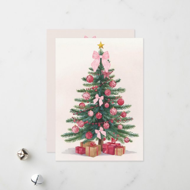 Tarjeta Festiva Elegant Christmas Tree with Pink Bows Holiday Card (Anverso/Reverso In Situ)