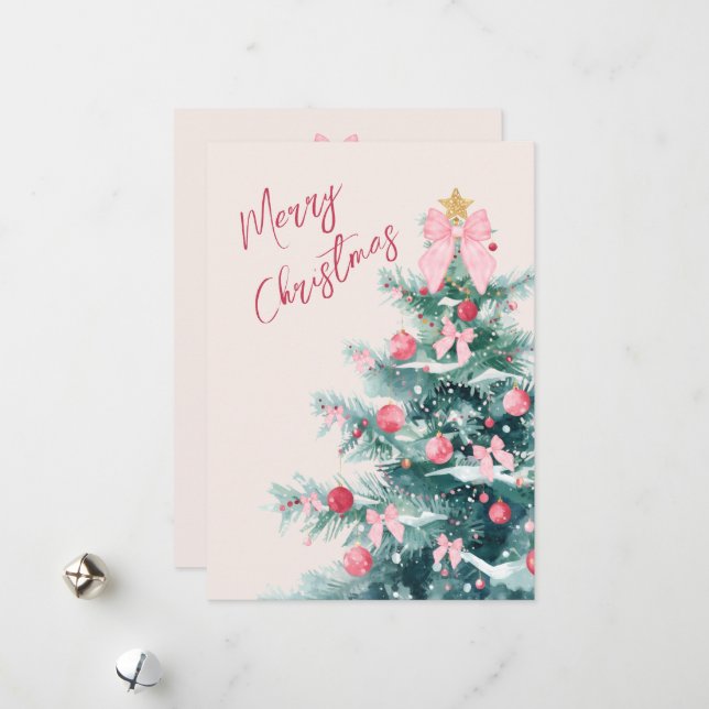 Tarjeta Festiva Elegant Christmas Tree with Pink Bows Holiday Card (Anverso/Reverso In Situ)