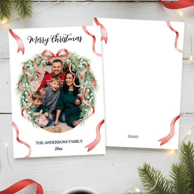 Tarjeta Festiva Elegant Christmas Wreath Bow Family Photo Custom (Subido por el creador)