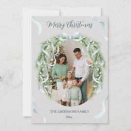 Tarjeta Festiva Elegant Christmas Wreath Bow Photo Custom