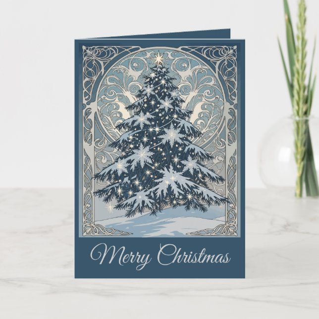 Tarjeta Festiva Elegant Christmas Yule Tree Snowflakes and Stars (Anverso)