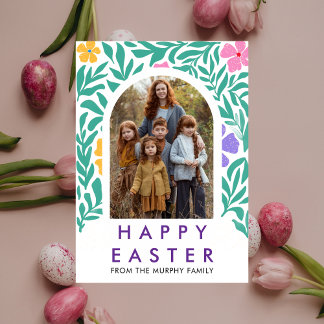 Tarjeta Festiva Elegant Colorful Arch Floral Easter Family Photo