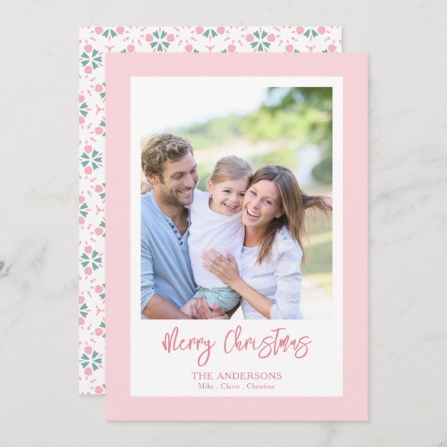 Tarjeta Festiva Elegant Cute Pink Photo Pattern Script Christmas (Anverso / Reverso)