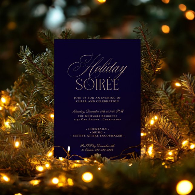 Tarjeta Festiva Elegant Dark Blue Holiday Dinner Party Invitation (Elegant Dark Blue Holiday Dinner Party Invitation)