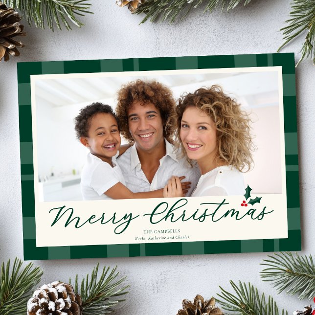 Tarjeta Festiva Elegant Dark Green Plaid Merry Christmas Photo (Subido por el creador)
