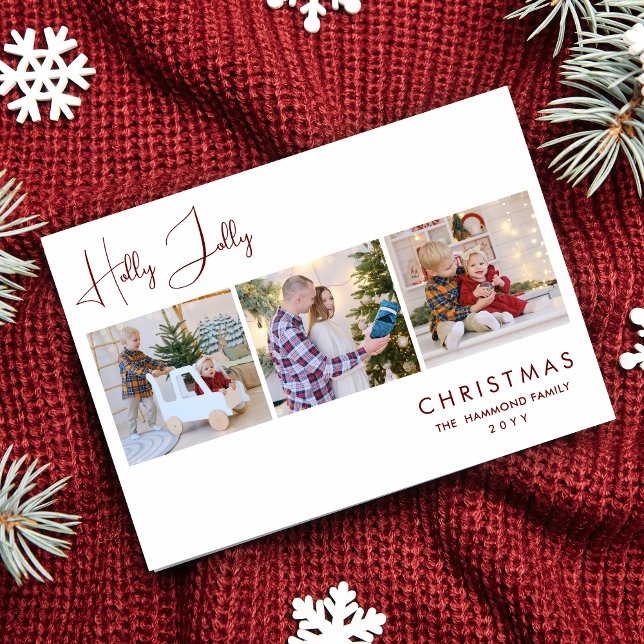 Tarjeta Festiva Elegant Dark Red Holly Jolly Quote 3 Multi Photos  (Exquisite and Elegant Dark Red Holly Jolly Quote 3 Multi Photos Collage Holiday Card with Envelope. )