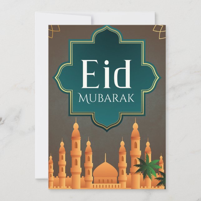 Tarjeta Festiva Elegant Eid Mubarak Mosque Skyline Art (Anverso)