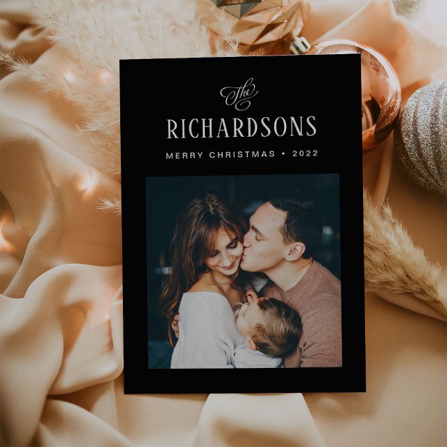 Tarjeta Festiva Elegant Family Photo and Name | Merry Christmas (Subido por el creador)