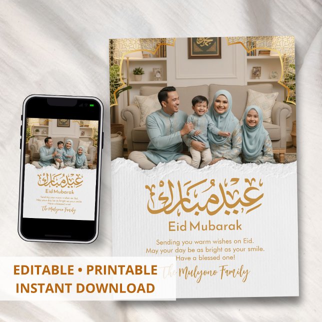Tarjeta Festiva Elegant Family Photo Eid Mubarak Gold Arabic Card (Subido por el creador)