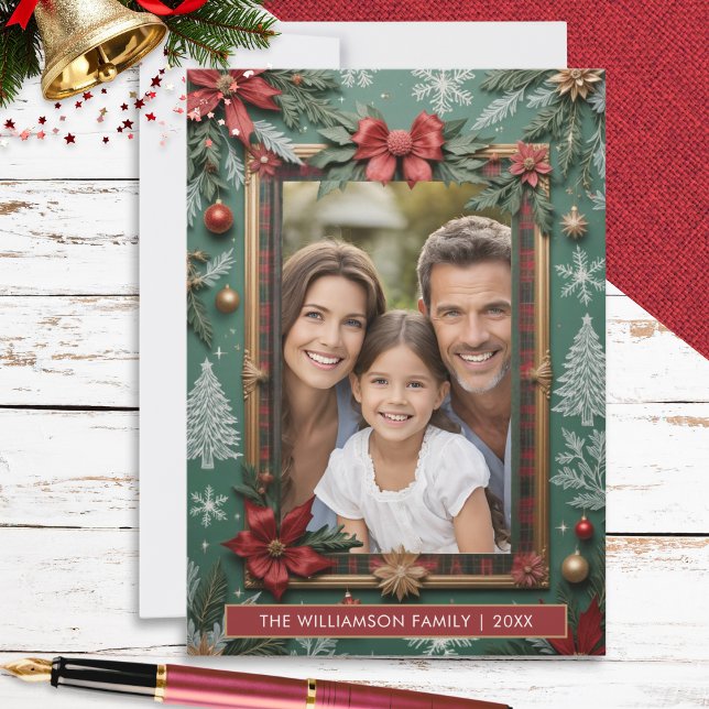 Tarjeta Festiva Elegant Faux-Embellished Flat Christmas (An elegant Christmas card in festive red, green and white, with space for your custom photo and name)