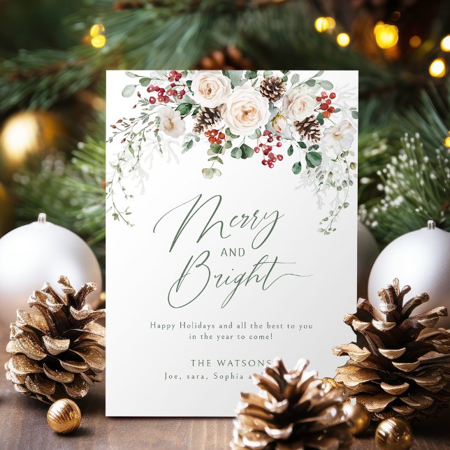 Tarjeta Festiva Elegant Festive Floral Merry And Bright Christmas (Elegant Festive Floral Merry And Bright Christmas Holiday Card)