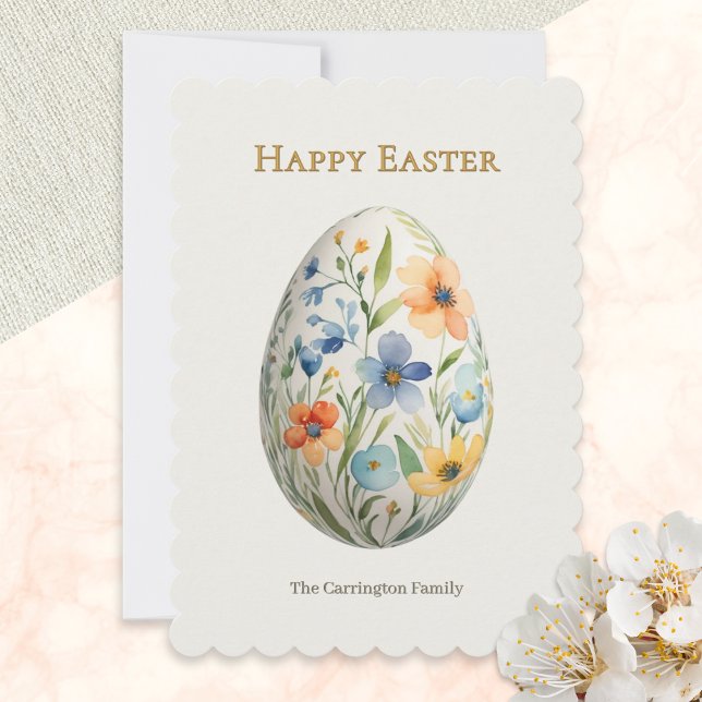 Tarjeta Festiva Elegant Floral Egg Pretty Spring Flowers Easter (An Easter card with floral egg design in a vintage style, Happy Easter greeting and custom text)