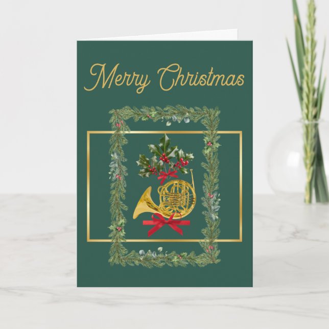 Tarjeta Festiva Elegant French Horn Christmas Dark Green (Anverso)