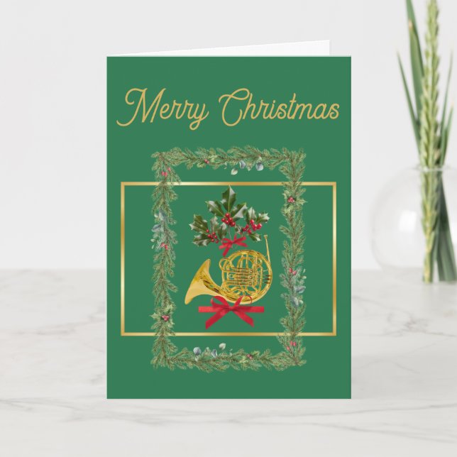 Tarjeta Festiva Elegant French Horn Christmas Green (Anverso)