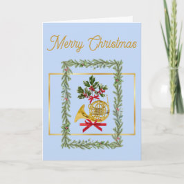 Tarjeta Festiva Elegant French Horn Christmas Light Blue