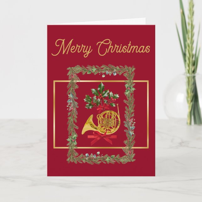 Tarjeta Festiva Elegant French Horn Christmas Maroon (Anverso)