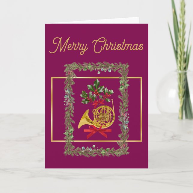 Tarjeta Festiva Elegant French Horn Christmas Purple (Anverso)